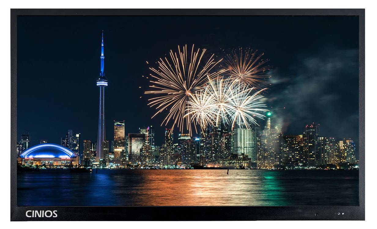 Cinios Outdoor TV with brilliant fireworks city scene on the display